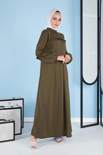 A Pile Fırfır Detaylı Tesettür Elbise-3091 Hakiyeşil - Thumbnail