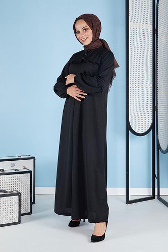 A Pile Fırfır Detaylı Tesettür Elbise-3091 Siyah - Thumbnail