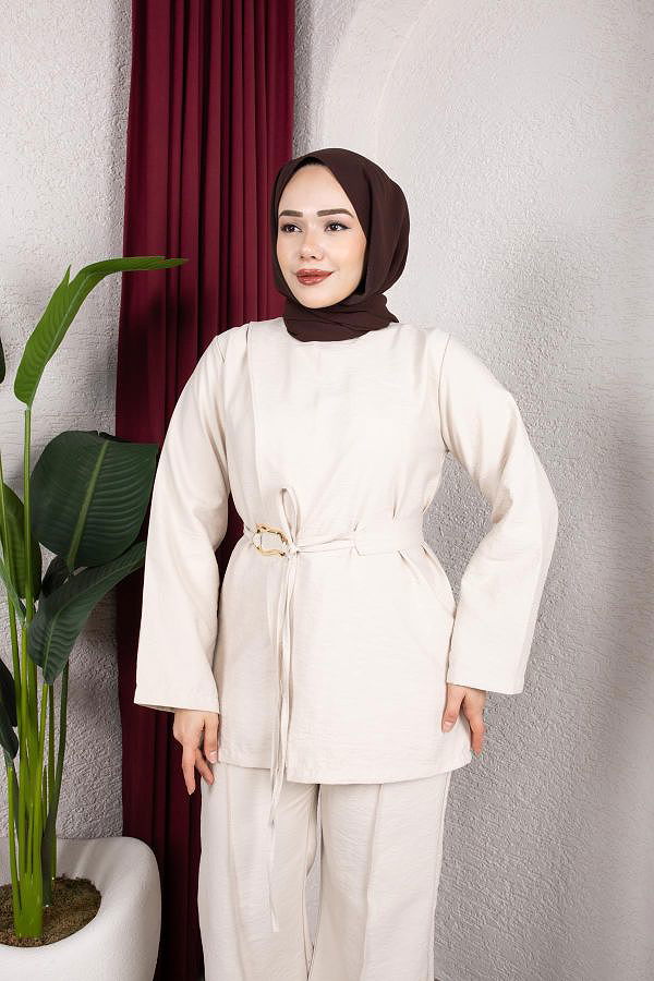 Asimetrik Kesim Kuşaklı İkili Takım- 8255 Bej