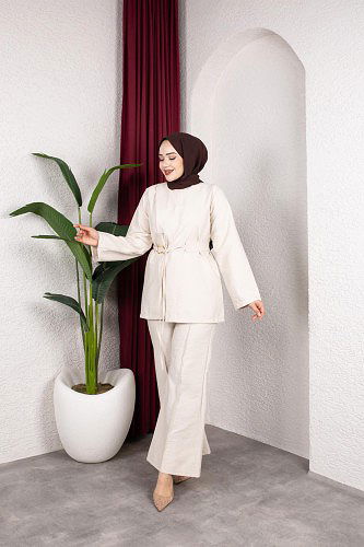 Asimetrik Kesim Kuşaklı İkili Takım- 8255 Bej - Thumbnail