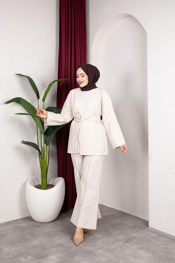 Asimetrik Kesim Kuşaklı İkili Takım- 8255 Bej