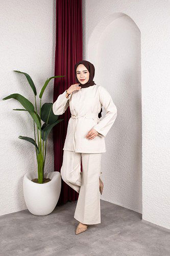 Asimetrik Kesim Kuşaklı İkili Takım- 8255 Bej - Thumbnail