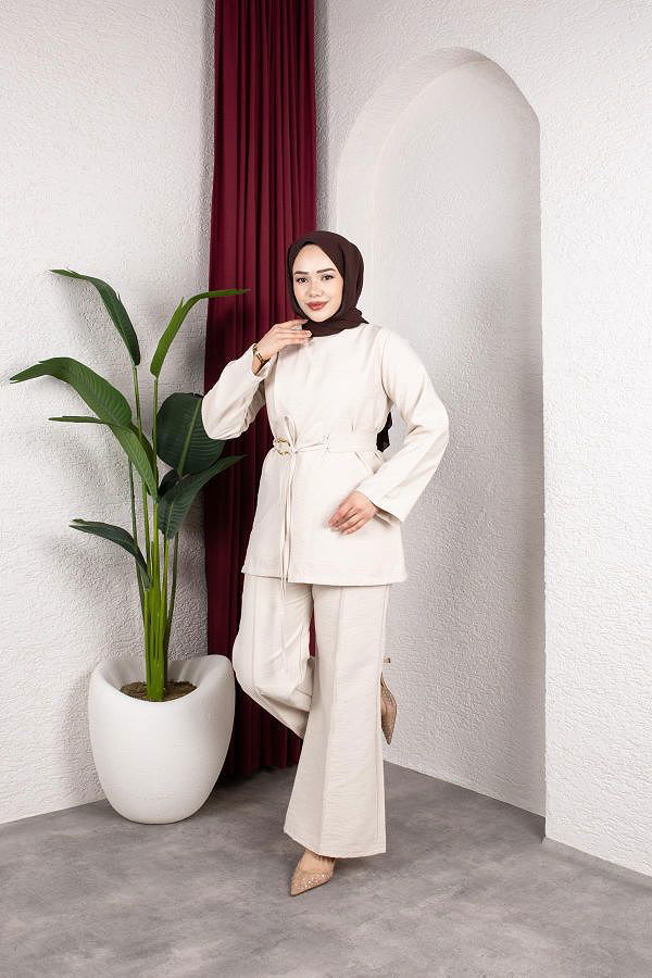 Asimetrik Kesim Kuşaklı İkili Takım- 8255 Bej