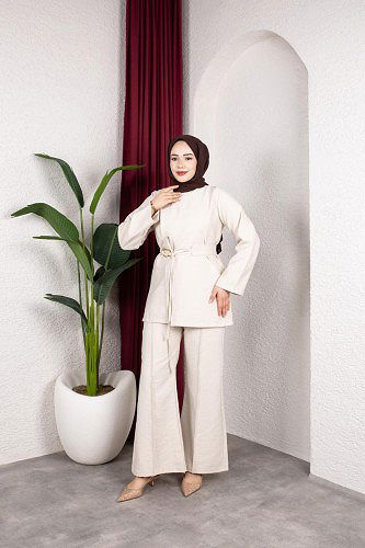 Asimetrik Kesim Kuşaklı İkili Takım- 8255 Bej - Thumbnail