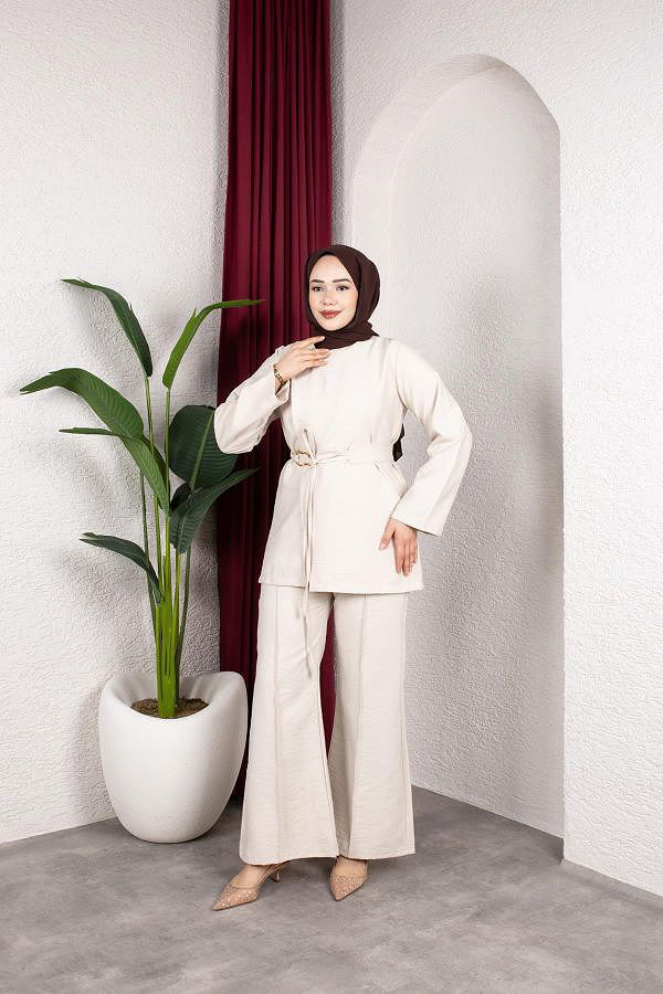 Asimetrik Kesim Kuşaklı İkili Takım- 8255 Bej