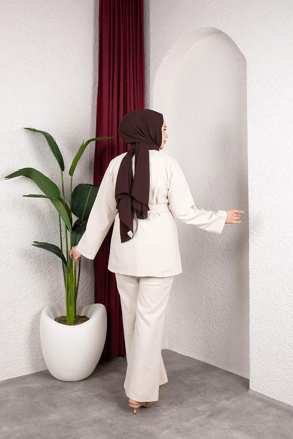 Asimetrik Kesim Kuşaklı İkili Takım- 8255 Bej