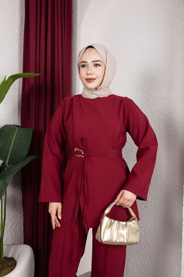 Asimetrik Kesim Kuşaklı İkili Takım- 8255 Bordo