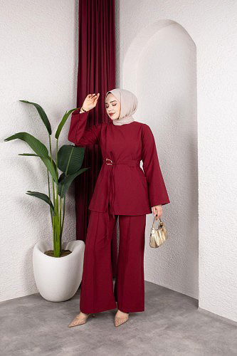 Asimetrik Kesim Kuşaklı İkili Takım- 8255 Bordo - Thumbnail