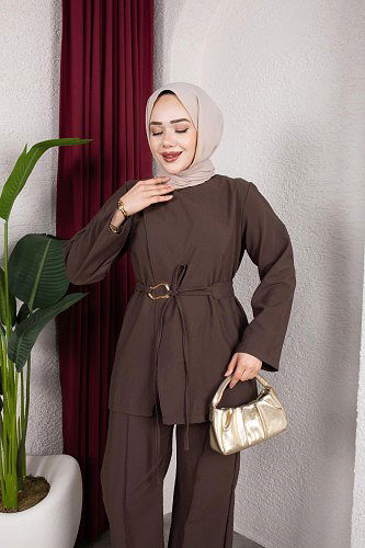 Asimetrik Kesim Kuşaklı İkili Takım- 8255 Kahve - Thumbnail