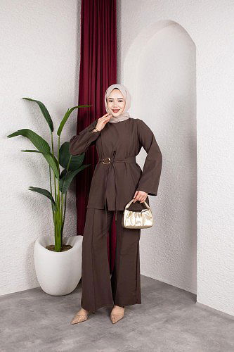 Asimetrik Kesim Kuşaklı İkili Takım- 8255 Kahve - Thumbnail