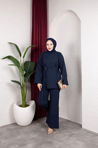 Asimetrik Kesim Kuşaklı İkili Takım- 8255 Lacivert - Thumbnail