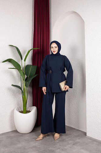 Asimetrik Kesim Kuşaklı İkili Takım- 8255 Lacivert - Thumbnail