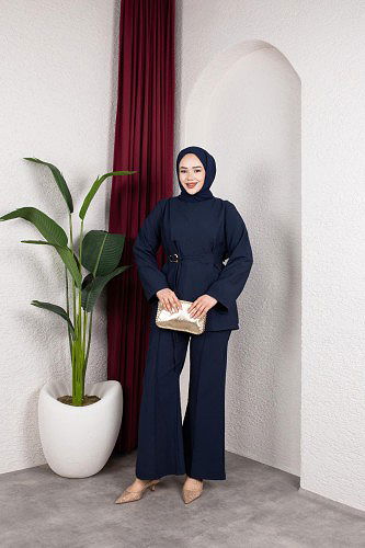 Asimetrik Kesim Kuşaklı İkili Takım- 8255 Lacivert - Thumbnail