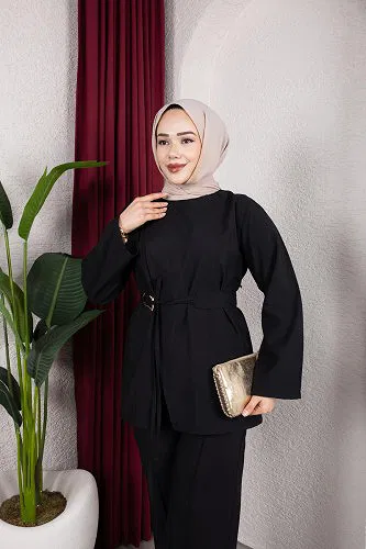 Asimetrik Kesim Kuşaklı İkili Takım- 8255 Siyah - Thumbnail