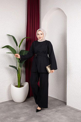 Asimetrik Kesim Kuşaklı İkili Takım- 8255 Siyah - Thumbnail