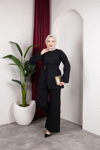 Asimetrik Kesim Kuşaklı İkili Takım- 8255 Siyah - Thumbnail