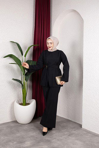 Asimetrik Kesim Kuşaklı İkili Takım- 8255 Siyah - Thumbnail