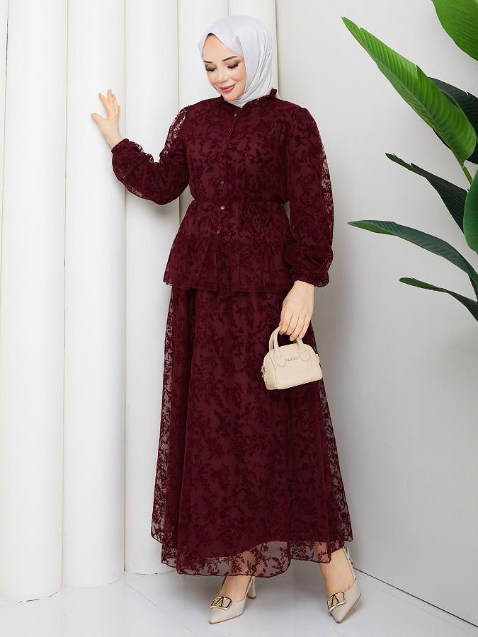 Baskı Detaylı Etekli İkili Takım-5100 Bordo