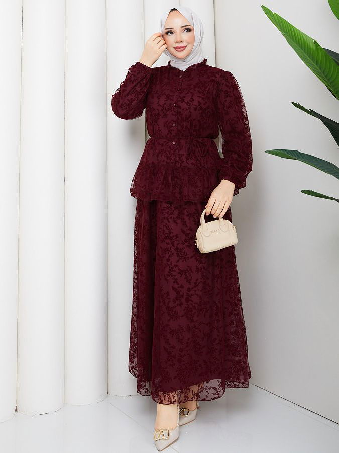 Baskı Detaylı Etekli İkili Takım-5100 Bordo