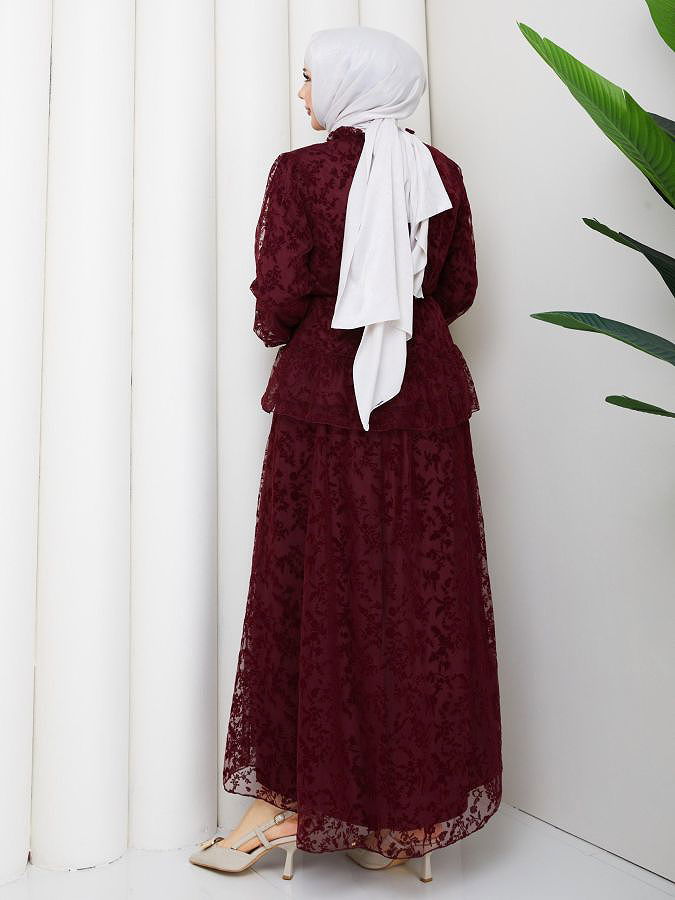 Baskı Detaylı Etekli İkili Takım-5100 Bordo