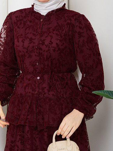 Baskı Detaylı Etekli İkili Takım-5100 Bordo - Thumbnail