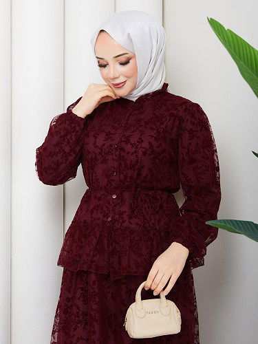 Baskı Detaylı Etekli İkili Takım-5100 Bordo - Thumbnail