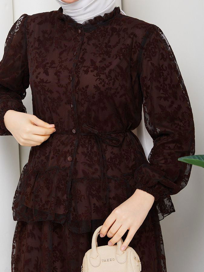 Baskı Detaylı Etekli İkili Takım-5100 Kahverengi