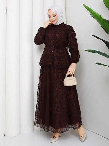 Baskı Detaylı Etekli İkili Takım-5100 Kahverengi - Thumbnail