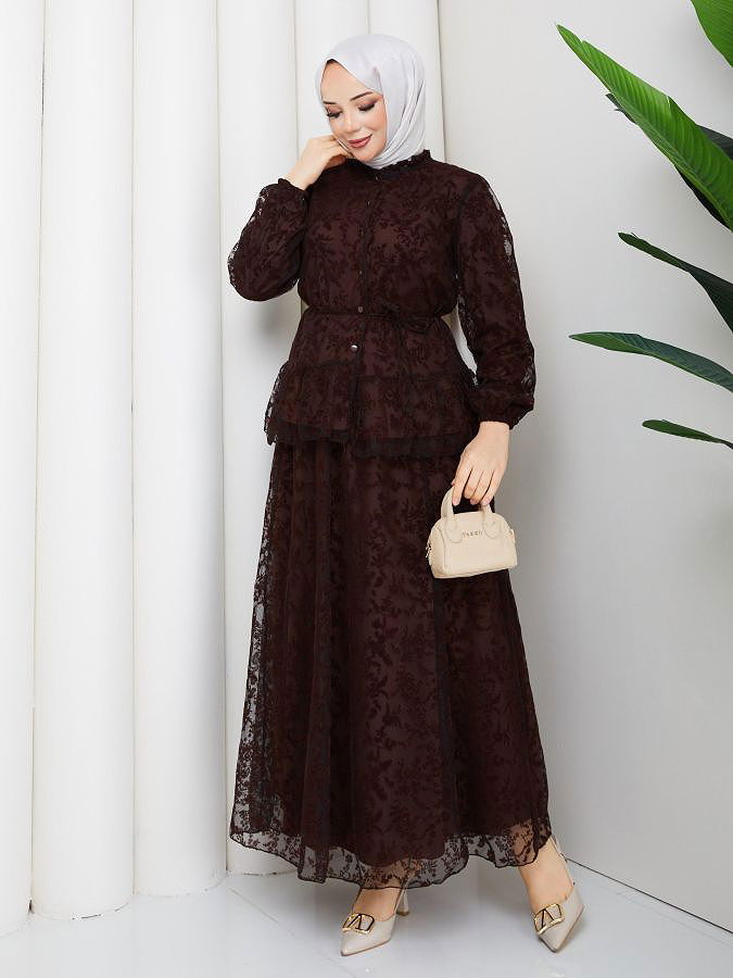 Baskı Detaylı Etekli İkili Takım-5100 Kahverengi