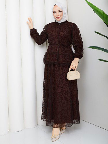 Modaebva - Baskı Detaylı Etekli İkili Takım-5100 Kahverengi