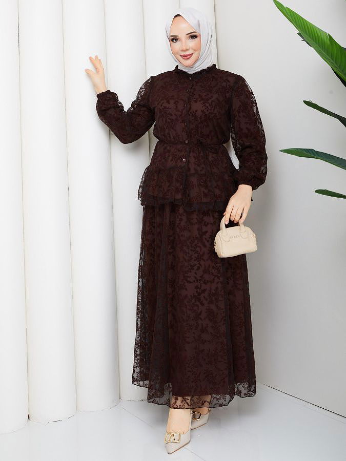 Baskı Detaylı Etekli İkili Takım-5100 Kahverengi