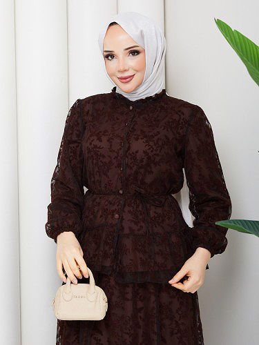 Modaebva - Baskı Detaylı Etekli İkili Takım-5100 Kahverengi (1)