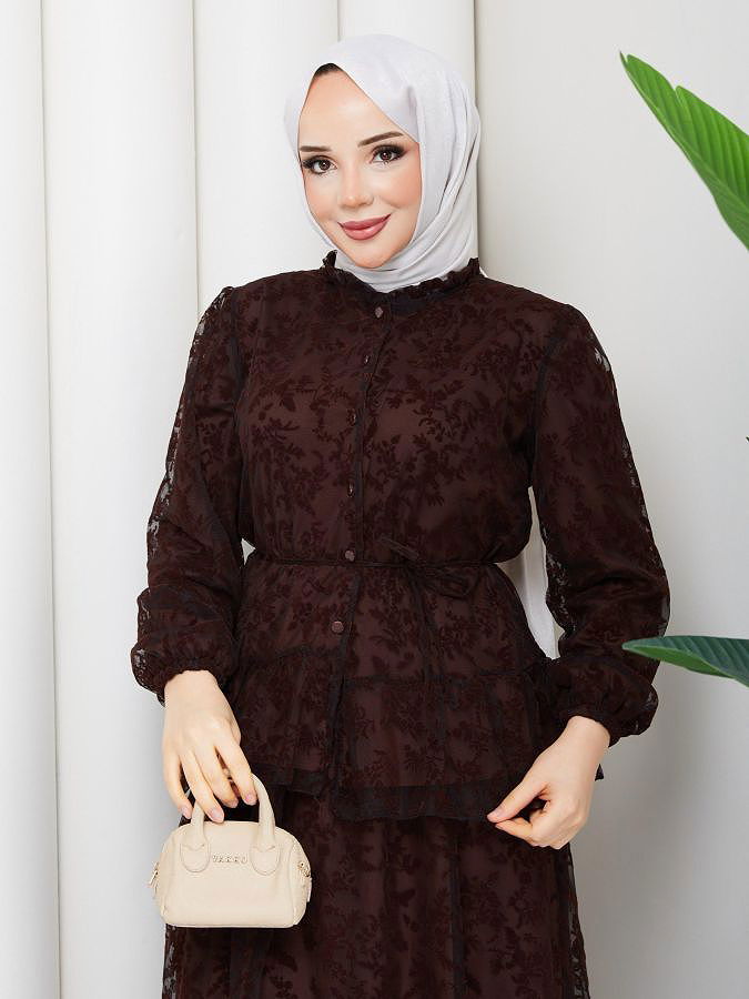 Baskı Detaylı Etekli İkili Takım-5100 Kahverengi