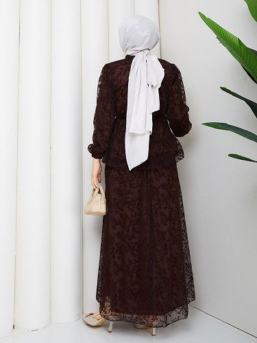 Baskı Detaylı Etekli İkili Takım-5100 Kahverengi - Thumbnail