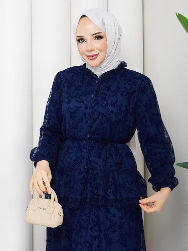 Baskı Detaylı Etekli İkili Takım-5100 Lacivert - Thumbnail