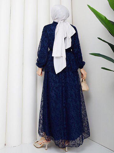 Baskı Detaylı Etekli İkili Takım-5100 Lacivert - Thumbnail