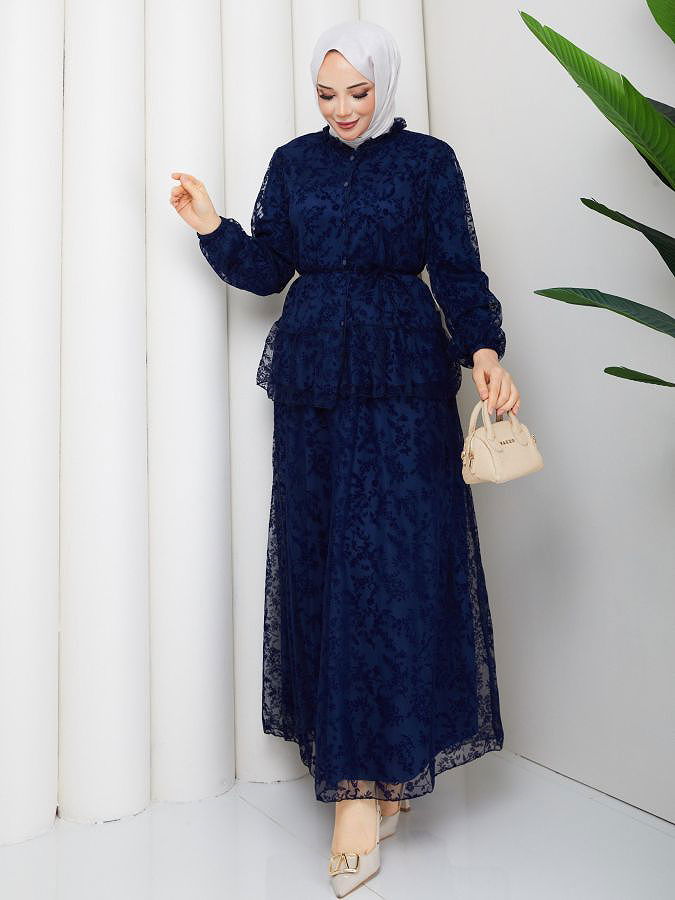 Baskı Detaylı Etekli İkili Takım-5100 Lacivert