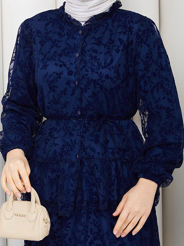 Baskı Detaylı Etekli İkili Takım-5100 Lacivert - Thumbnail