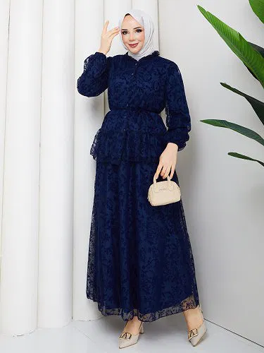 Modaebva - Baskı Detaylı Etekli İkili Takım-5100 Lacivert