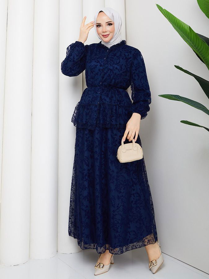 Baskı Detaylı Etekli İkili Takım-5100 Lacivert