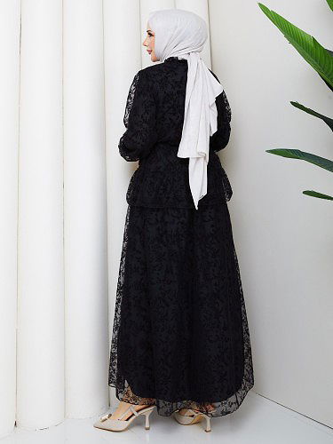 Baskı Detaylı Etekli İkili Takım-5100 Siyah - Thumbnail