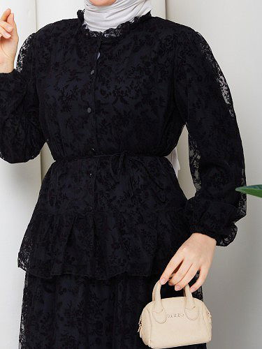 Baskı Detaylı Etekli İkili Takım-5100 Siyah - Thumbnail