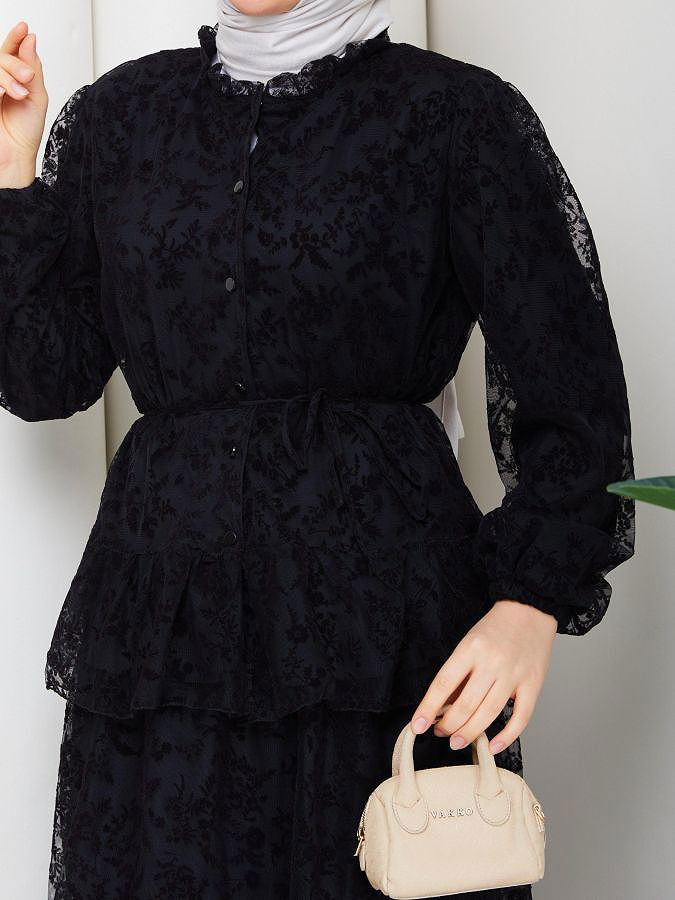 Baskı Detaylı Etekli İkili Takım-5100 Siyah