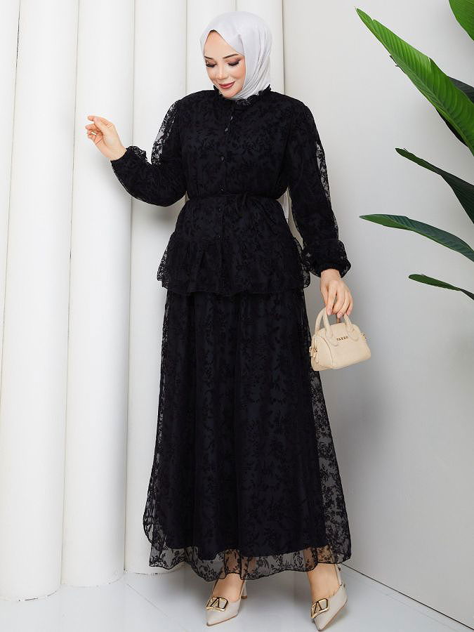 Baskı Detaylı Etekli İkili Takım-5100 Siyah