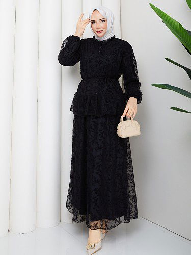 Baskı Detaylı Etekli İkili Takım-5100 Siyah - Thumbnail