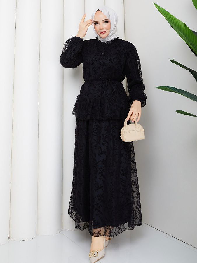 Baskı Detaylı Etekli İkili Takım-5100 Siyah