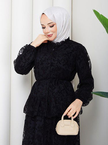 Baskı Detaylı Etekli İkili Takım-5100 Siyah - Thumbnail