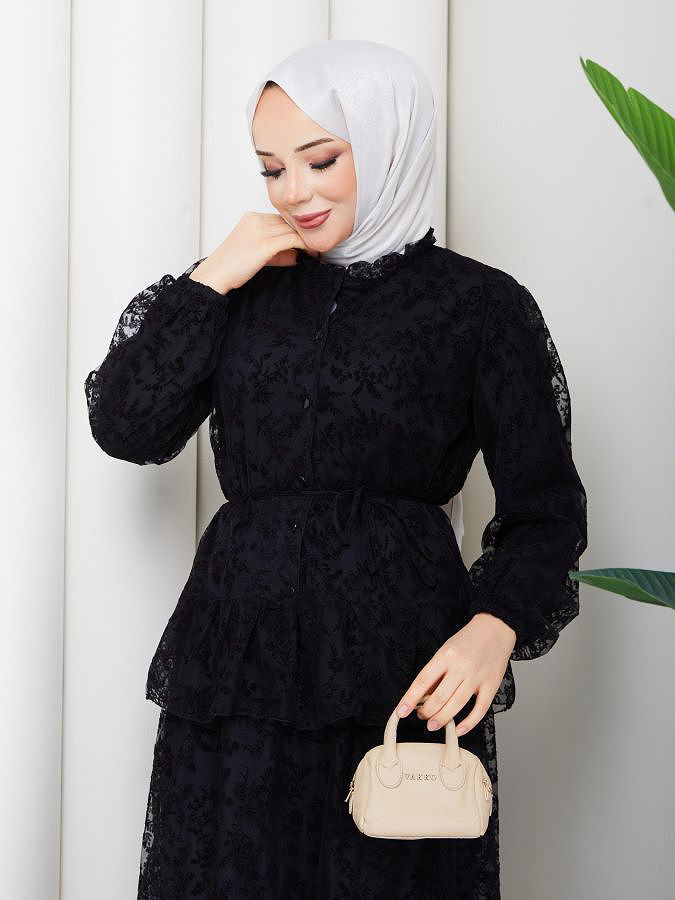 Baskı Detaylı Etekli İkili Takım-5100 Siyah