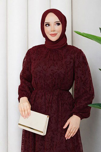 Modaebva - Baskı Detaylı Tesettür Elbise-5097 Bordo (1)