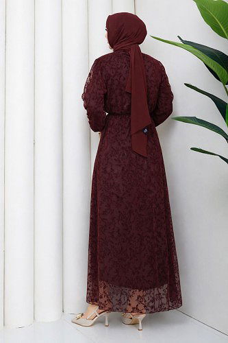 Baskı Detaylı Tesettür Elbise-5097 Bordo - Thumbnail